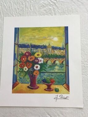Yellow & Multicolor Floral Window Scene Art Lithograph by Jean Claude Picot